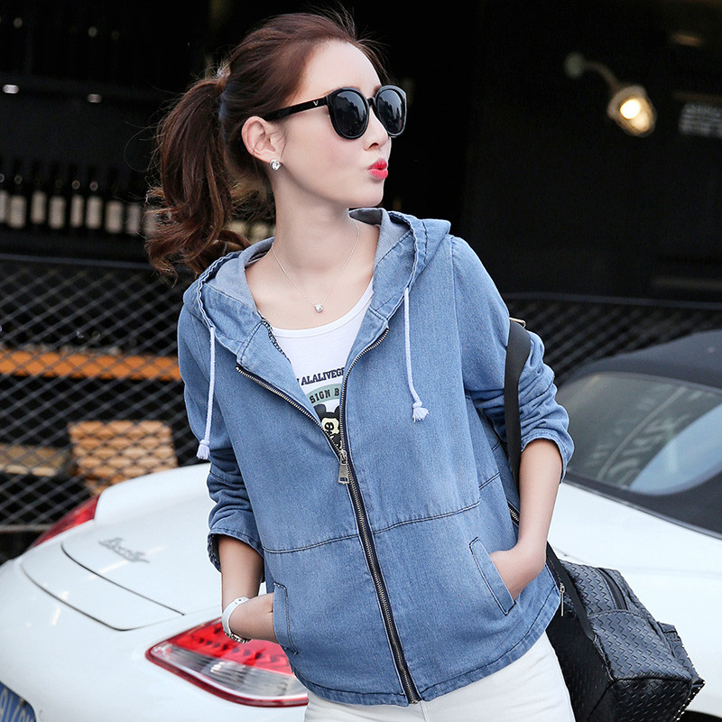 实拍女装韩版宽松拼接拉链短款立体袋连帽牛仔外套女上衣