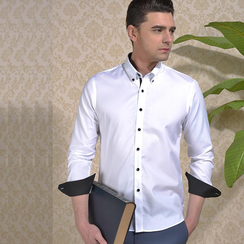 新郎希努尔 春季新款男士白色长袖衬衫 时尚休闲纯棉修身韩版衬衣