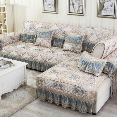 六月荷欧式沙发垫简约现代全包通用组合万能沙发套罩巾湖水蓝60*60+17cm垂边