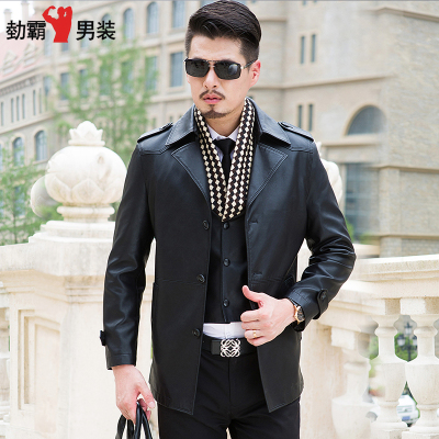 勎霸 秋冬皮衣男中年人夹克中长款可拆卸围巾领保暖外套休闲皮风衣厚