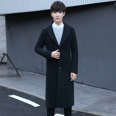 步来褶惠秋冬装潮男长款毛呢风衣韩版修身男士呢外套黑色夏