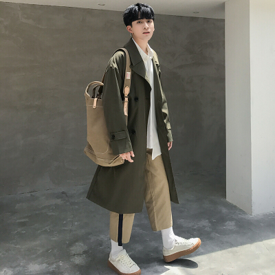 步来褶惠2017秋季新款加长纯色百搭男风衣宽松韩版时尚风衣夏