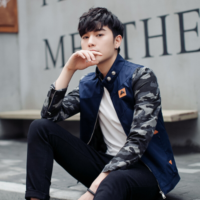 步来褶惠2017春秋新款男士夹克韩版修身立领外套时尚迷彩青年外衣夏