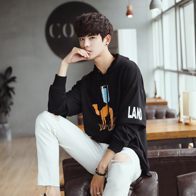 步来褶惠2017秋冬新款连帽印花假两件袖男士宽松卫衣外套潮夏