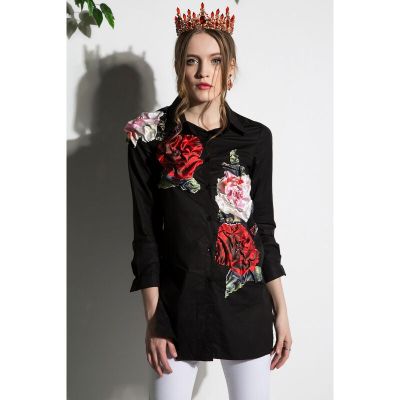 默蒂梵2017春夏手工钉钻立体贴布玫瑰花中长款女新款衬衣