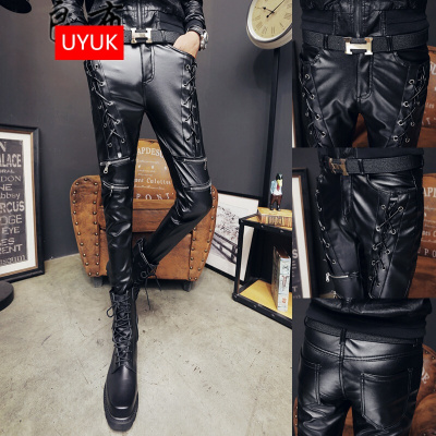 UYUK2017冬季男士皮裤摩托机车小脚裤韩版修身男生皮裤子PU个性发型师黑色