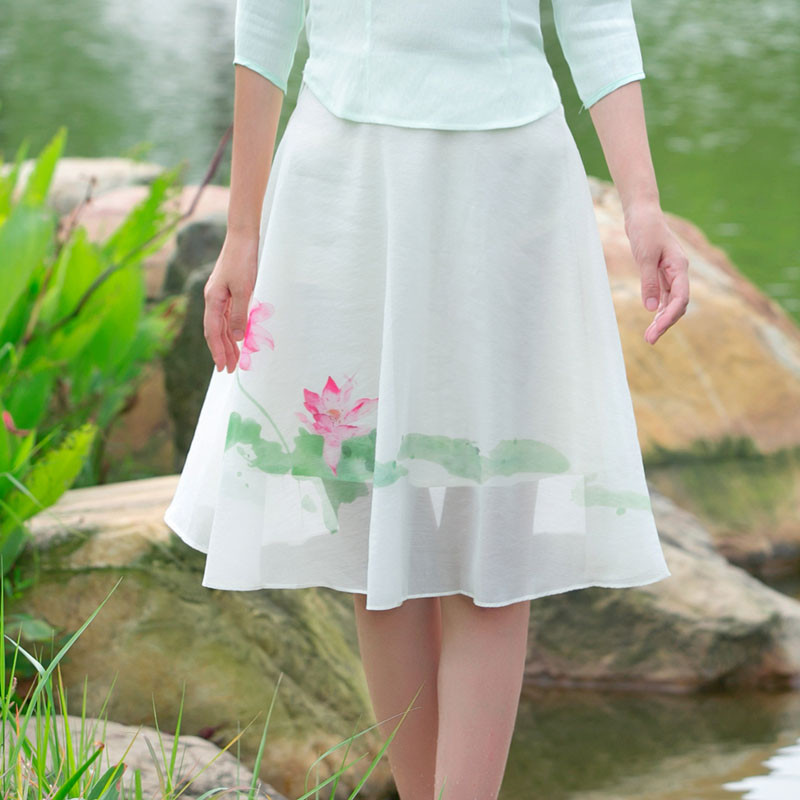 韵诗兰婷2016夏季新款文艺复古荷花印花半身裙百搭修身短裙子3701