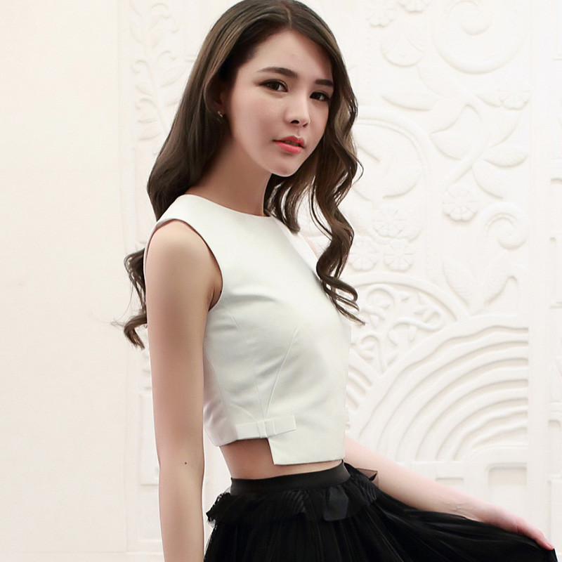韩文2016夏季新款韩版女装时尚修身小香风无袖短款高腰上衣 女