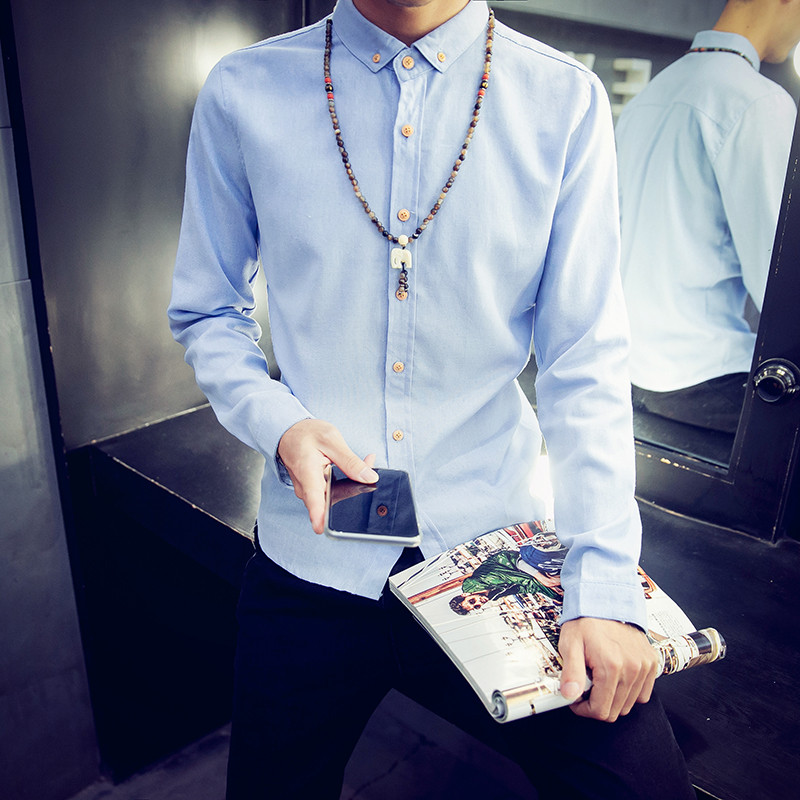 丹杰仕 2016春季新款日系大码亚麻衬衫男士修身衬衣潮男青年纯色棉麻