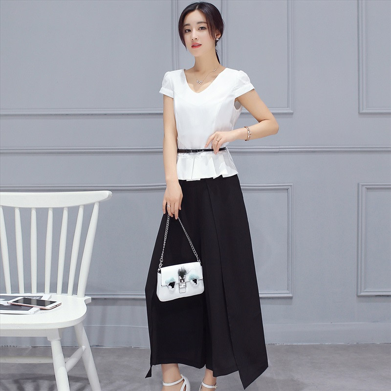 uyuk16夏季女士ol通勤九分裙裤套装配腰带 夏季雪纺短袖上衣纯色百搭