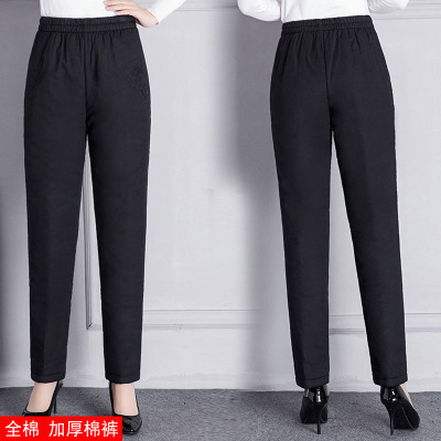 余果贝尔(YoungBell)批发代理中老年裤子女秋冬加绒保暖妈妈装松紧腰直筒长裤老人奶奶棉裤