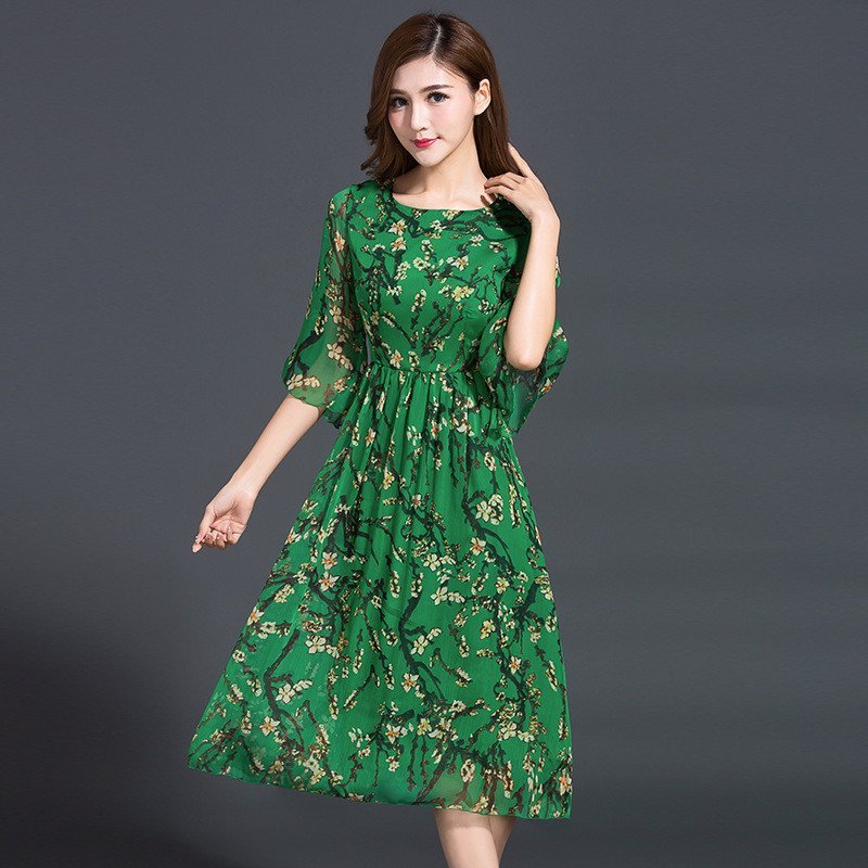 蔚缇2016岩花春装修身五分袖大摆印花连衣裙长裙女