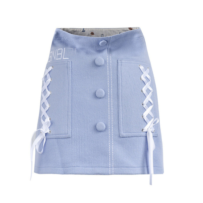 刺绣呢子少女A字裙2017秋冬新款女裙森女系 