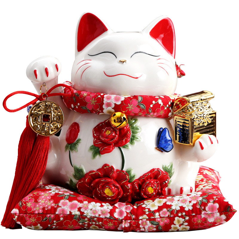 大号10寸花开富贵招财猫摆件 陶瓷存钱罐储蓄罐 办公室家居商铺前台
