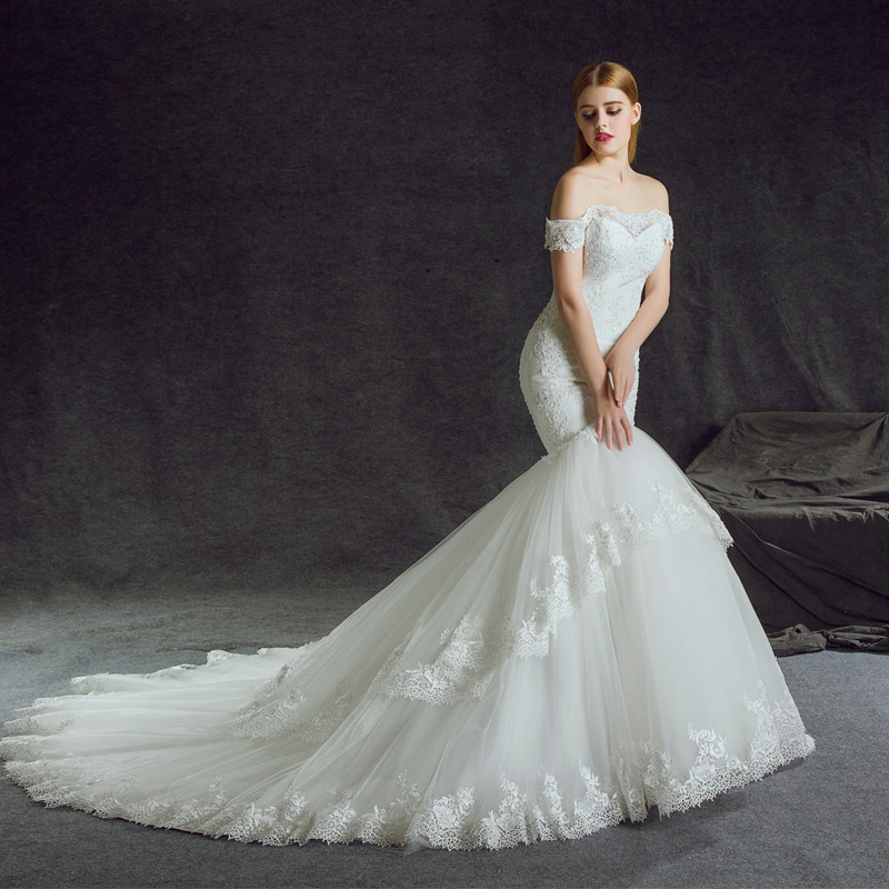 婉纱仙妮2016新款婚纱礼服欧式宫廷蕾丝鱼尾新娘一字肩长拖尾婚纱