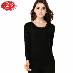 浪莎langsha女士美体内衣春秋冬季薄款莫代尔竹纤维圆领性感蕾丝基础打底衫秋衣秋裤套装