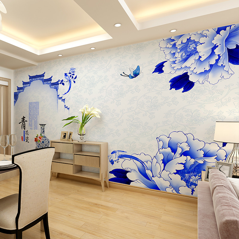 卡茵 中式青花瓷客厅电视背景墙壁画 饭店定制创意墙纸 大型无缝壁纸