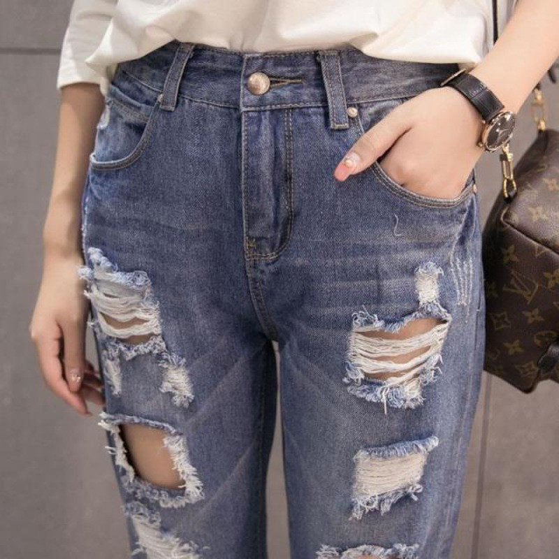魅言魅语2017实拍磨破洞牛仔裤女装夏宽松直筒长裤秋乞丐哈伦时尚小脚