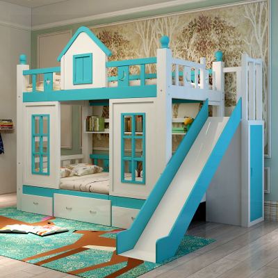 松木儿童床 上下床铺 双层床 高低床 女孩公主床 城堡屋子储物滑梯床