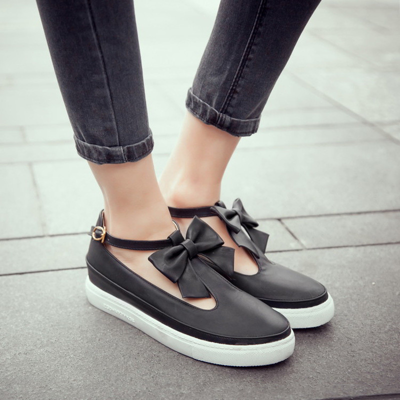 英伦风时尚黑色大蝴蝶结平底鞋女甜美百搭学生圆头平跟休闲小白鞋