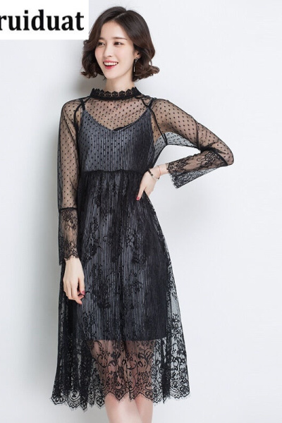 Kruidvat2017春 新款女装优雅 长袖长裙时尚 钩花镂空雪纺连衣裙M6 灰色 均码