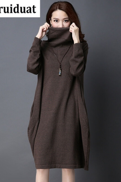 Kruidvat宽松堆堆领针织连衣裙2017春新款长袖套头口袋中长款裙装Z002黑色均码