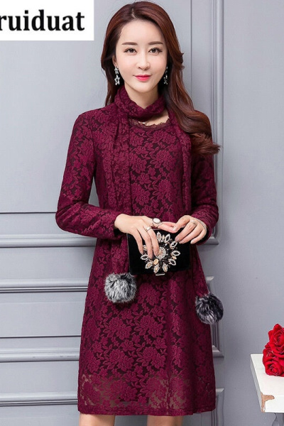 Kruidvat2017春季镂空韩版围巾领蕾丝连衣裙女中长款印花气质长袖打底裙Z030