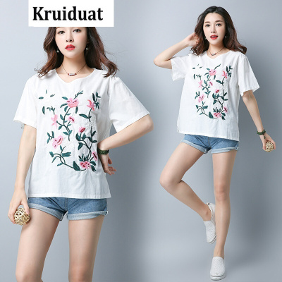 Kruidvat2017夏季民族风文艺宽松绣花棉麻上衣白色