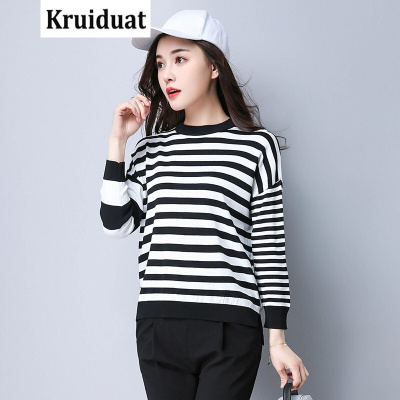 Kruidvat2017夏季新款休闲款条纹圆领冰麻针织上衣M018黑白条纹