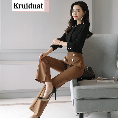 奈琴尔2017秋季新款女式休闲套装两件套修身时尚雪纺衫长裤女装 黑色+卡其色 XXL