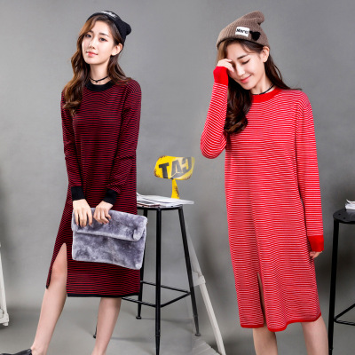 莞馨(wanxin)长裙长袖女装甜美新款宽松腰专柜圆领韩版单件气质连衣裙