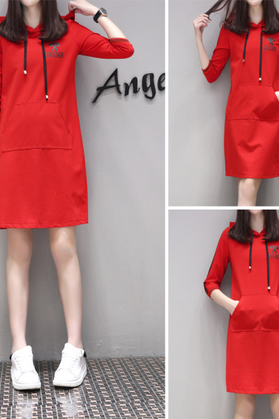 莞馨(wanxin)新款2016秋冬新款运动休闲卫衣连衣裙宽松显瘦中长款长袖t恤女大码潮