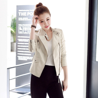 莞馨(wanxin)新款2016秋装新款韩版修身百搭长袖立领短款PU小外套机车皮衣夹克女装