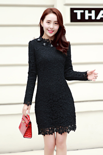 莞馨(wanxin)新款2016年秋季长袖套头中长款修身显瘦韩版时尚蕾丝甜美纯色连衣裙