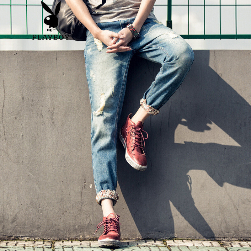 花花公子九分牛仔裤男士小脚裤青少年修身型破洞9分裤