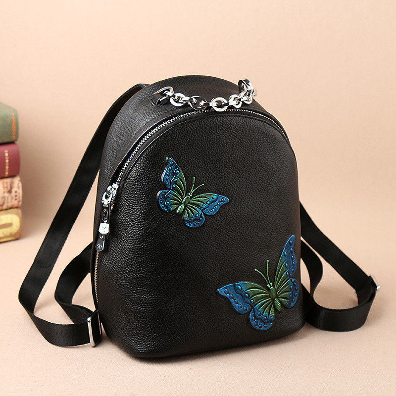 欧洲站2017新款女包蝴蝶图案背包牛皮双肩包女潮出游妈咪包