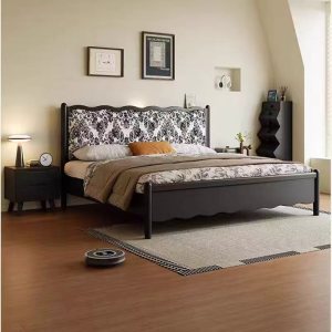 中古风实木软包大床现代简约卧室1.5米单人床极简储物主卧室双人婚床