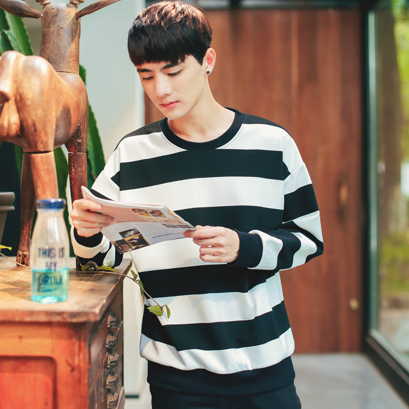 vanledmvxz秋装新款男士条纹小清新圆领宽松卫衣男款滑肩长袖卫衣外套