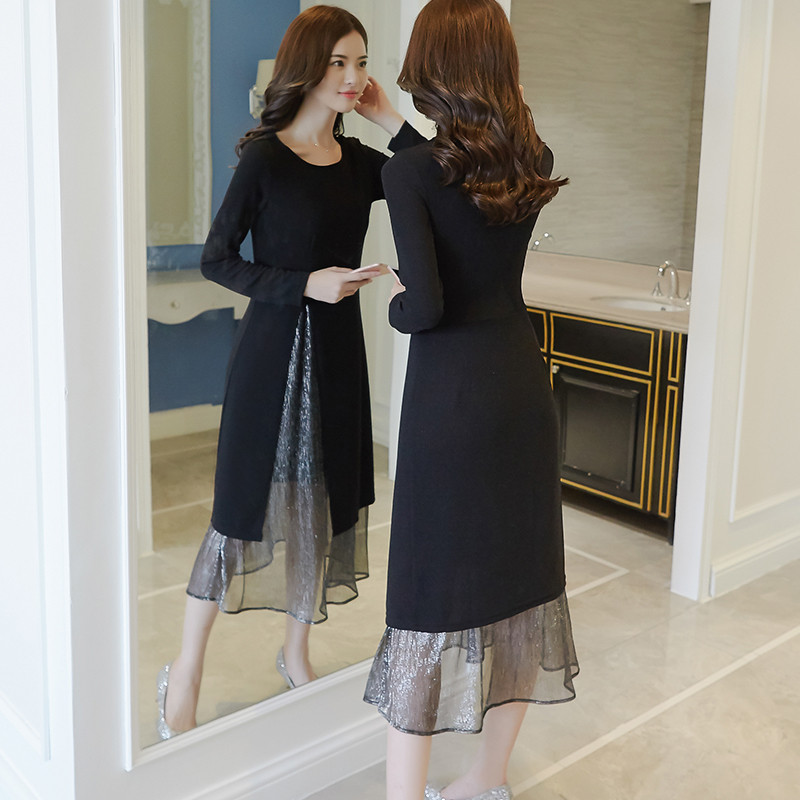 jmoory秋装连衣裙女2017新款时尚套装裙子时髦针织秋冬打底裙长袖两件