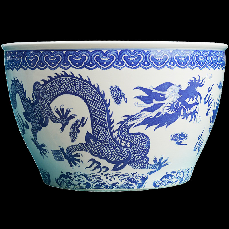 景德镇陶瓷 手绘青花双龙戏珠鱼缸 创意开放式风水花盆摆件 500件