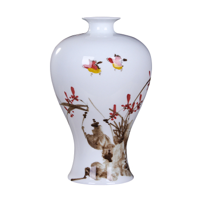 艺锦蓝国产景德镇陶瓷器手绘花瓶家居饰品摆件插花器客厅电视柜装饰地中海工软陶艺品摆设带证书花鸟—梅瓶