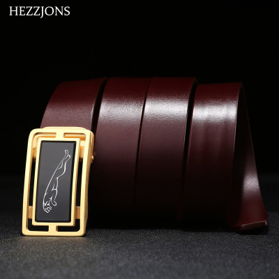 赫泽琼斯HEZZJONES自动扣皮带头层牛皮真皮腰带防过敏不锈钢捷豹皮带中年商务休闲裤腰带棕红色+金扣