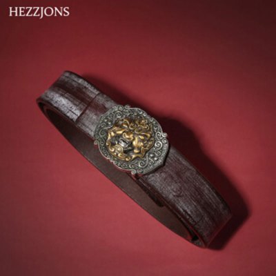 赫泽琼斯HEZZJONES定制英国马缰革手工皮带真牛皮纯铜吞天兽扣加厚裤带红色腰带礼盒皮带进口马缰革+吞天兽