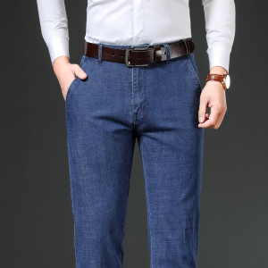 金盾(KIN DON)牛仔裤男夏季薄款宽松直筒新款弹力大码高端天丝一字袋长裤子