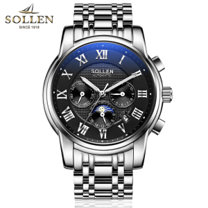 梭伦(SOLLEN)手表男自动机械表镂空精钢钢带30米生活防水正品时尚休闲商务夜光男表SL-802银色