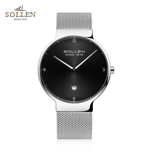 梭伦SOLLEN手表男士超薄简约运动石英表男精钢带商务时尚休闲潮流防水新款SL9015G