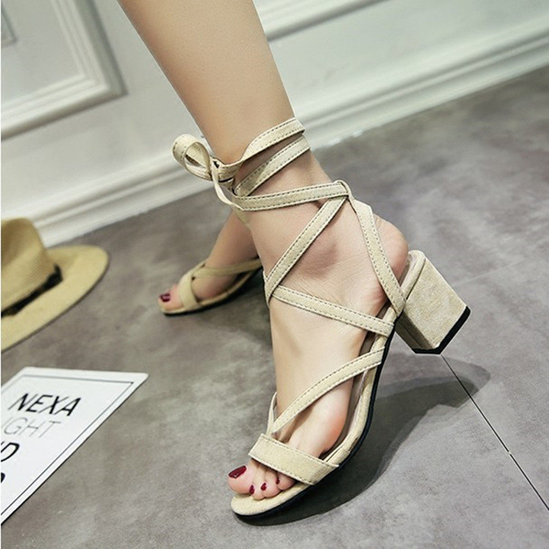 2017新款韩版百搭罗马凉鞋女粗跟绑带磨砂皮女士高跟鱼嘴凉鞋女夏