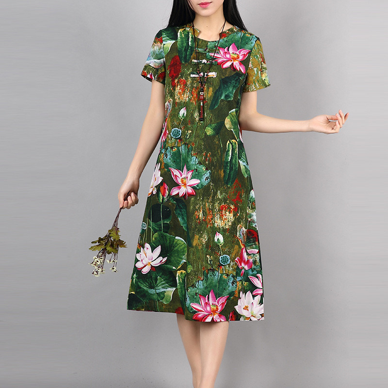 原创设计中国风荷花印花裙子2017春夏季大码宽松民族风棉麻连衣裙