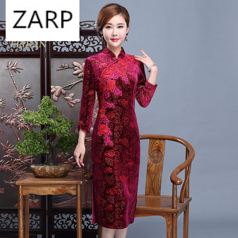 zarp 2018參加婚禮媽媽裝春裝結婚宴會禮服喜婆婆婚宴裝絲絨旗袍裙