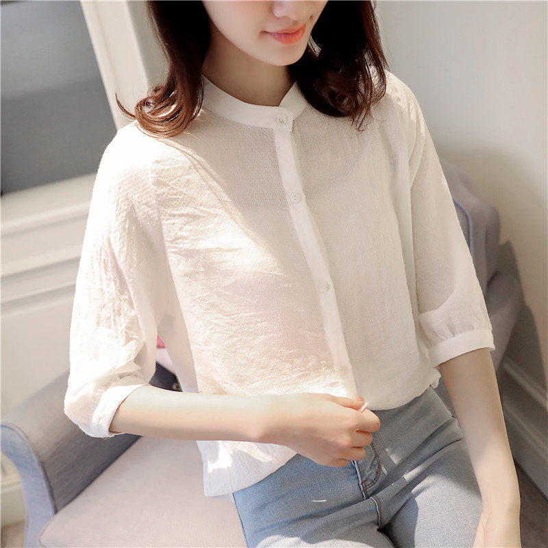 女装新款2017春装白色中袖宽松衬衫衬衣韩范小清新休闲学生上衣夏